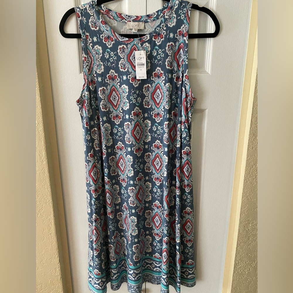 NWT LOFT Medium Blue Boho Floral Sleeveless Dress